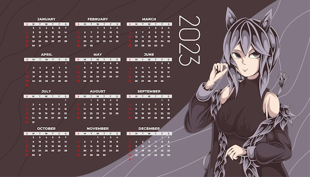 Premium Vector  Cute cat anime calendar 2023