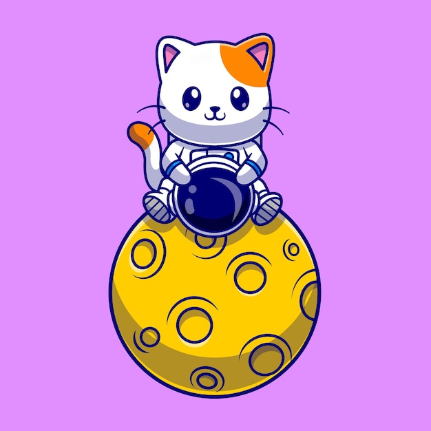 Cute Cat Astronaut Sitting On Moon Cartoon Vector Icon Illustration. Animal Science Icon Concept Isolated Premium Vector. Flat Cartoon Style