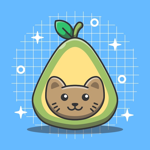 Vector cute cat avocado character vector illustration animal fruit cartoon