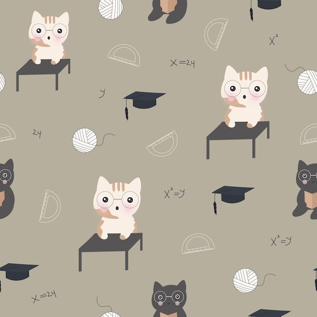 Cute cat back to school seamless pattern