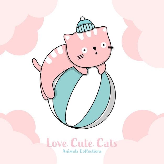 Vector cute cat on ball hand drawn style