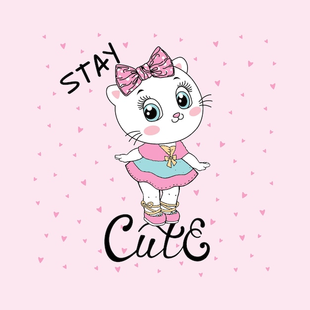 Cute cat ballerina cartoon hand drawn vector illustration.