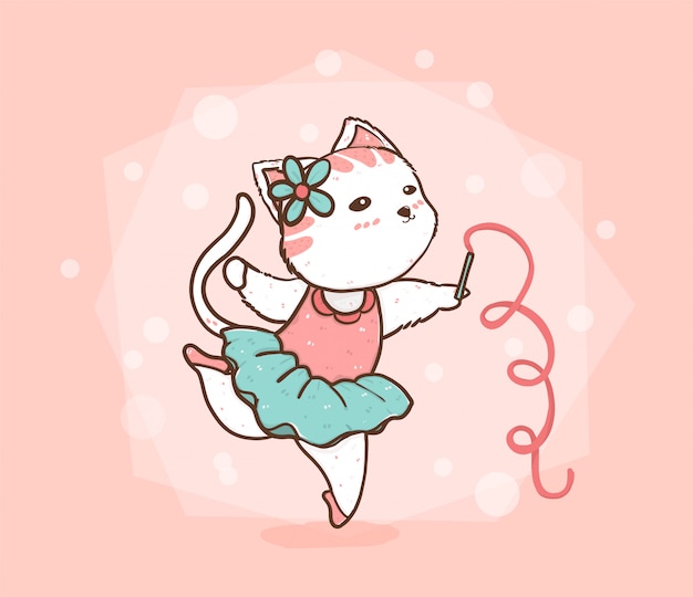 Cute cat ballet dancing in pink and blue green dress