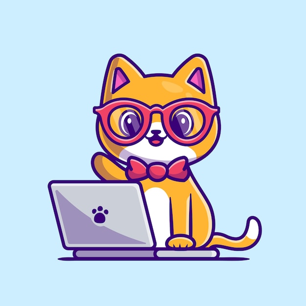 Cute cat bezig met laptop cartoon pictogram illustratie.