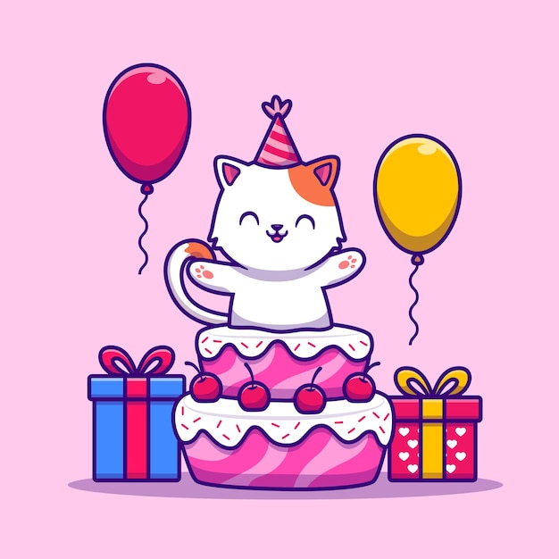 Вектор Милый котик день рождения с тортом, подарком и воздушным шаром мультфильм