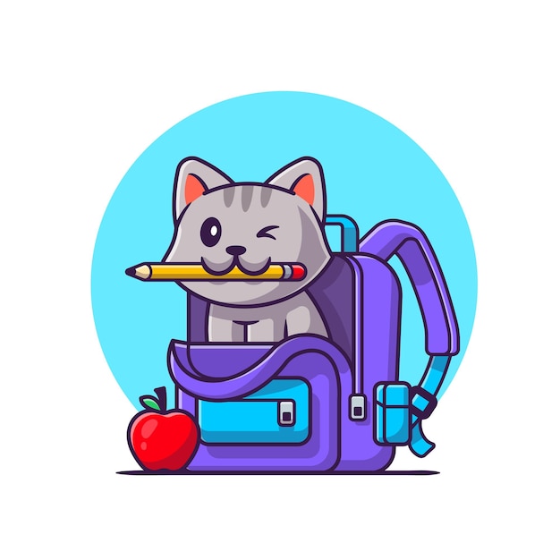 バッグとアップル漫画ベクトルアイコンイラストと鉛筆を噛むかわいい猫。動物教育アイコンの概念。フラット漫画スタイル