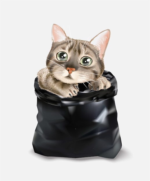 Vector cute cat in black trash bag illustration