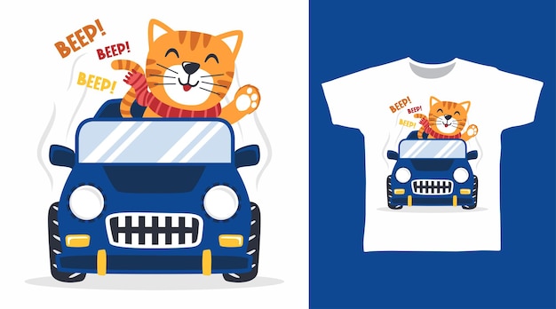 cute cat and blue car tee design concept