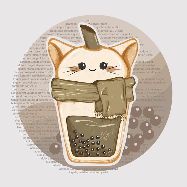 Cute Cat Boba Milktea wearing Scarf for Winter Theme Vector Illustration