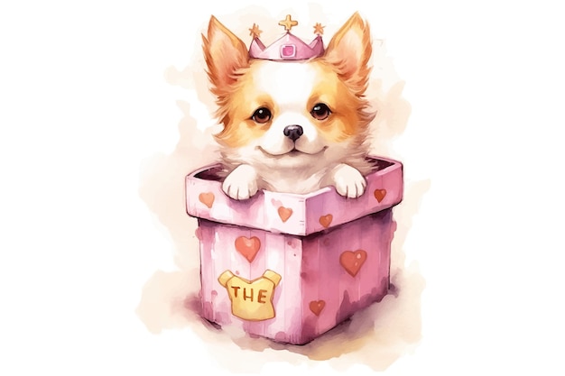 Cute cat in a box with a crown on his head Vector illustration