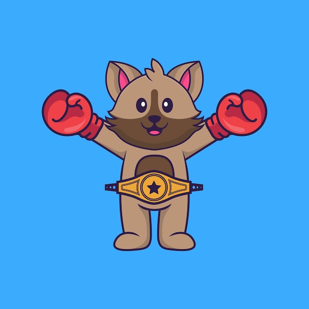 Cute cat in boxer costume with champion belt. Animal cartoon concept isolated. Flat Cartoon Style