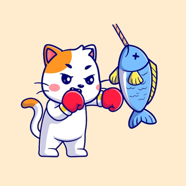 Cute cat boxing fish cartoon vector icon illustration. animal sport icon concept isolated flat