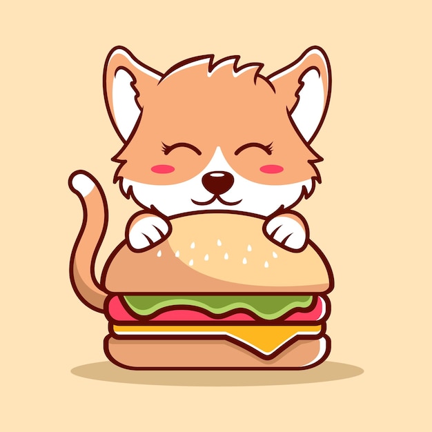 Cute Cat And Burger Cartoon Icon Illustration