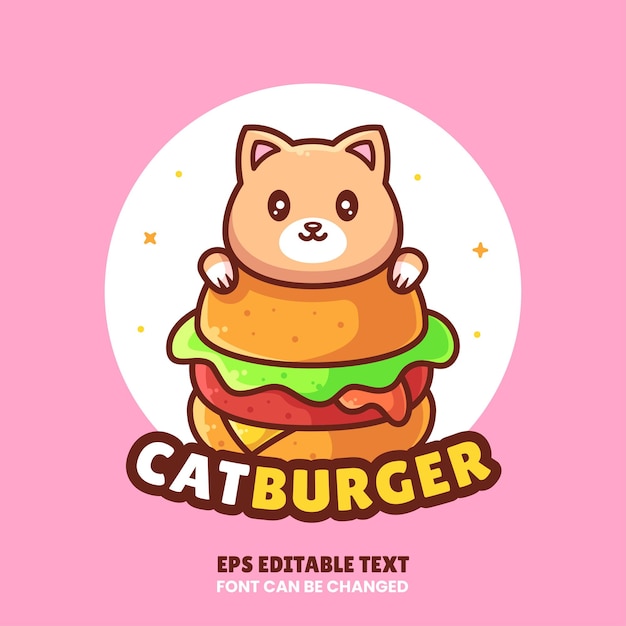 Милый кот бургер логотип вектор значок иллюстрации премиум фаст-фуд логотип в плоском стиле для кафе
