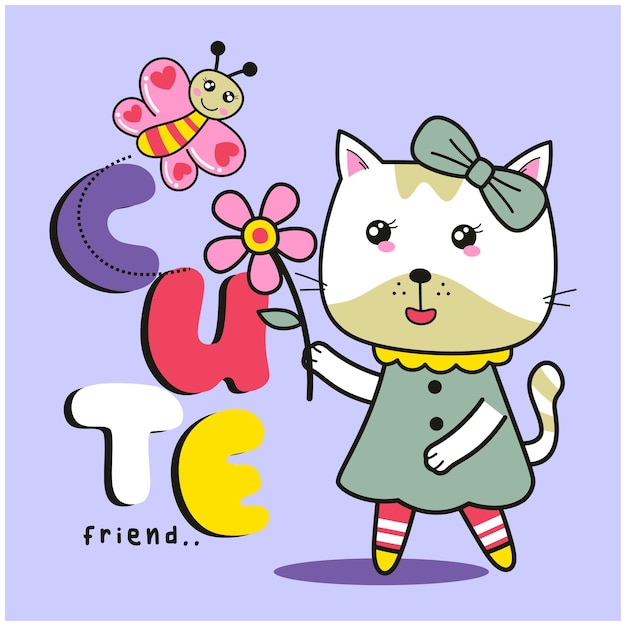 Cute cat and butterfly funny animal cartoon