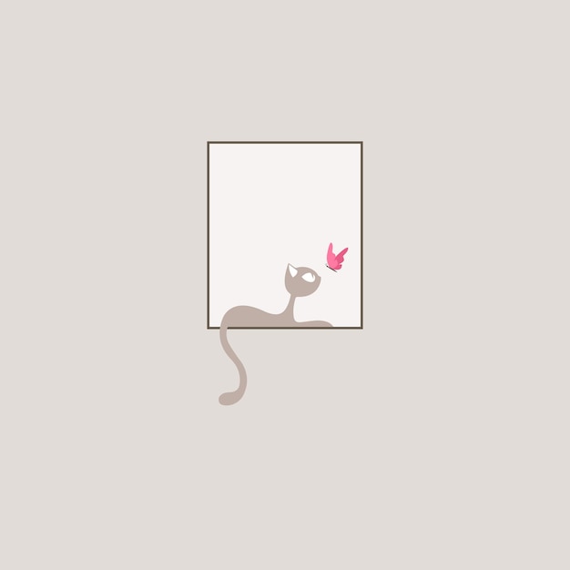 Cute Cat and Butterfly sitting in a window, minimal wallpaper, vector background