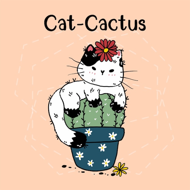 Vector cute cat cactus in pot with flower hand drawing with lettering cat cactus.