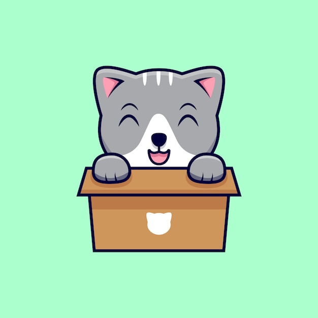 Gatto sveglio in un'illustrazione dell'icona del fumetto della scatola di cartone. stile cartone animato piatto