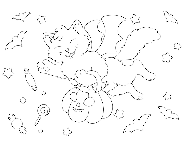 A cute cat carries a pumpkin with sweets in its paws Halloween theme Coloring book page for kids