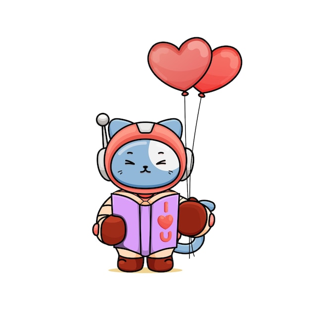 a cute cat cartoon in an astronaut costume holding a book and two balloons