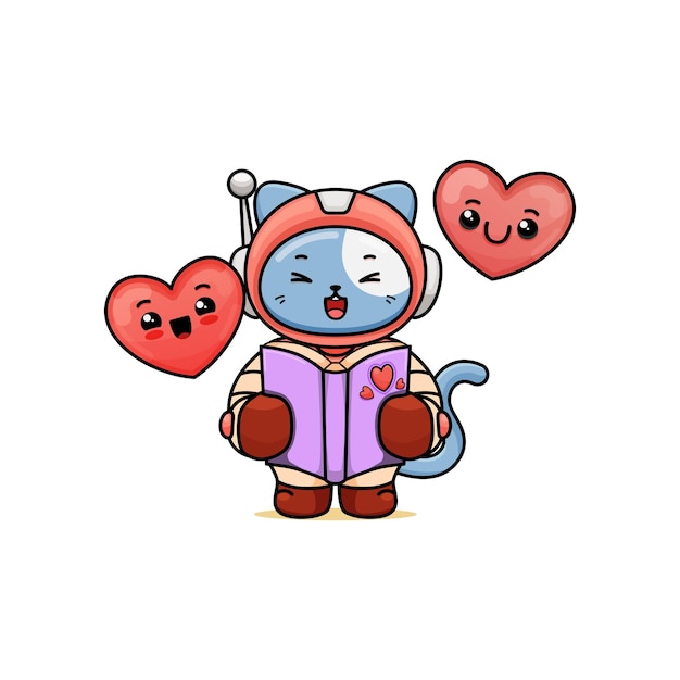 a cute cat cartoon in an astronaut costume holding a book with two mascot heart cartoon