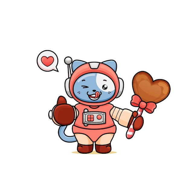 Un simpatico cartone animato di gatto in costume da astronauta con in mano una caramella a forma di cuore di cioccolato