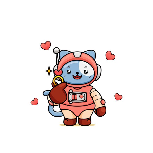 a cute cat cartoon in an astronaut costume holding a hearth ring