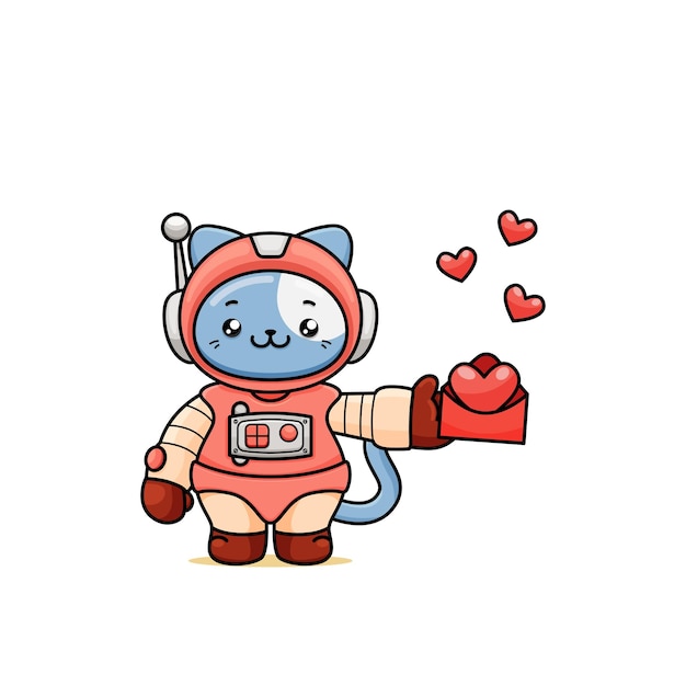 a cute cat cartoon in an astronaut costume holding a love letter and icon love