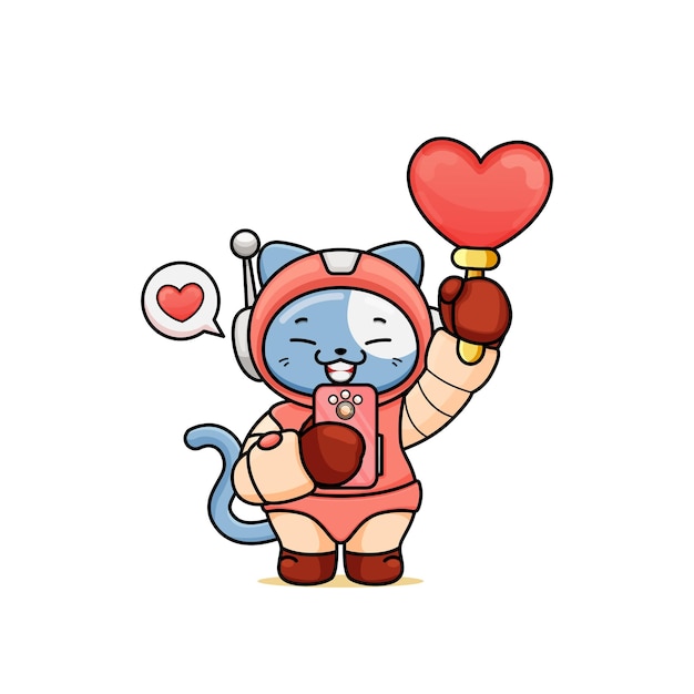 a cute cat cartoon in an astronaut costume holding a phone and stick of love