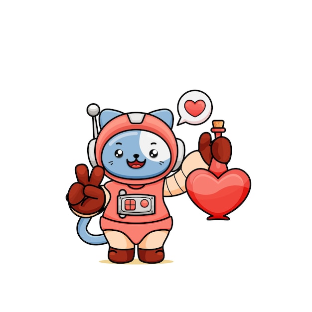 Vector a cute cat cartoon in an astronaut costume holding potion lof love and finger peace sign