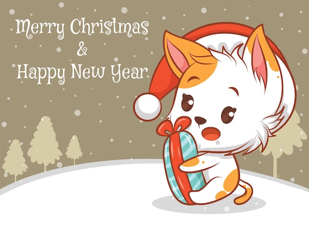 ベクトル メリークリスマスと新年あけましておめでとうございますの挨拶バナーとかわいい猫の漫画のキャラクター