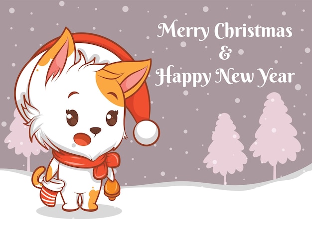 Милый кот мультипликационный персонаж с рождеством и новым годом поздравительный баннер