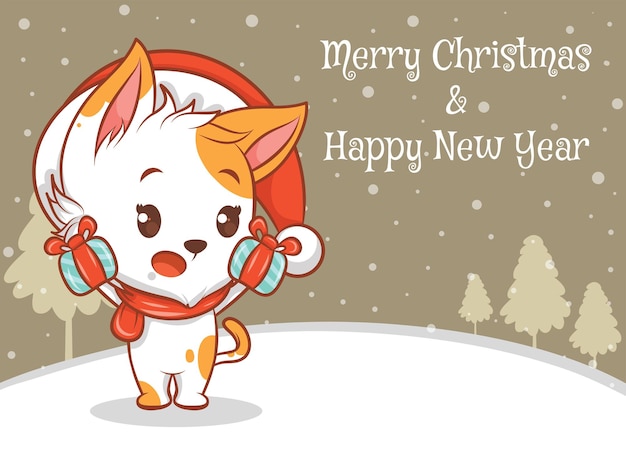 Simpatico personaggio dei cartoni animati di gatto con banner di auguri di buon natale e felice anno nuovo