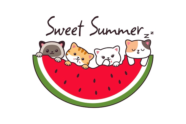 Vettore cute cat cartoon disegno con frutta anguria estate banner sfondo