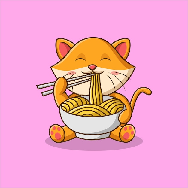 Vettore simpatico cartone animato gatto che mangia spaghetti illustrazione vettoriale