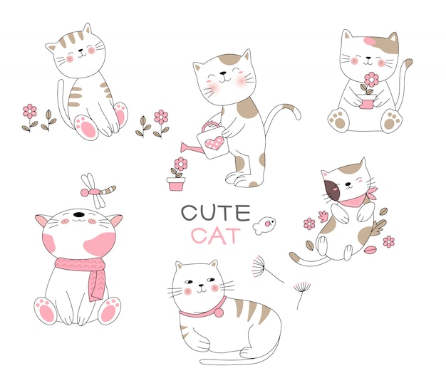 Cute cat cartoon hand drawn style