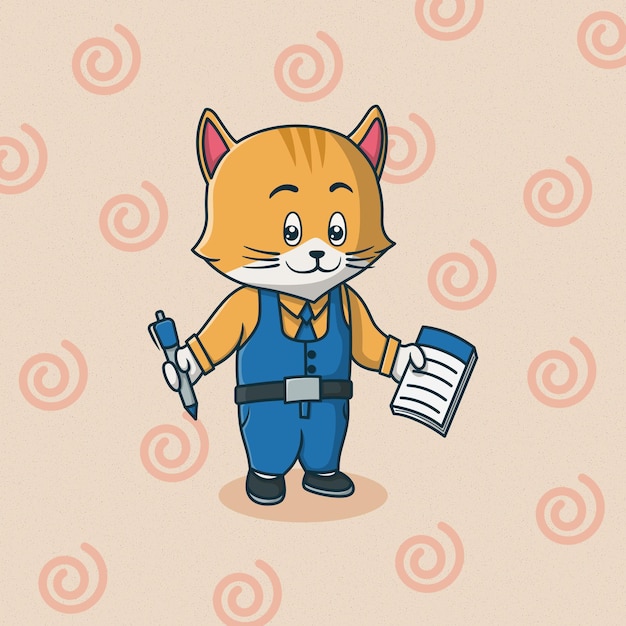 Вектор Милый кот мультфильм держит блокнот и ручку