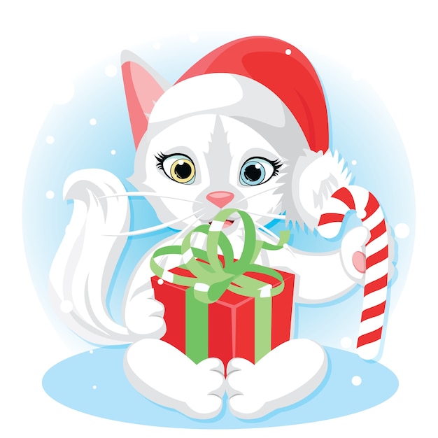 クリスマスと年賀状のデザインのキャンディーとギフトボックスとかわいい猫の漫画イラスト。