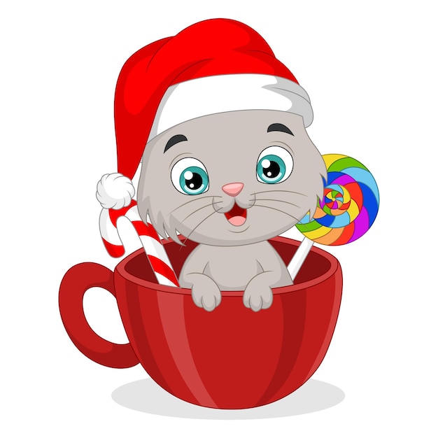 Cute cat cartoon inside red cup with candies