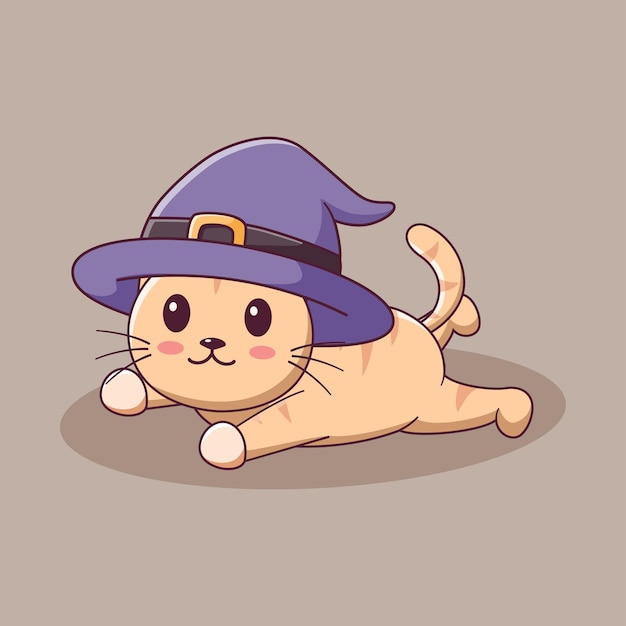 Cute cat cartoon sdraiato indossando il cappello della strega. personaggio dei cartoni animati della mascotte del gatto.