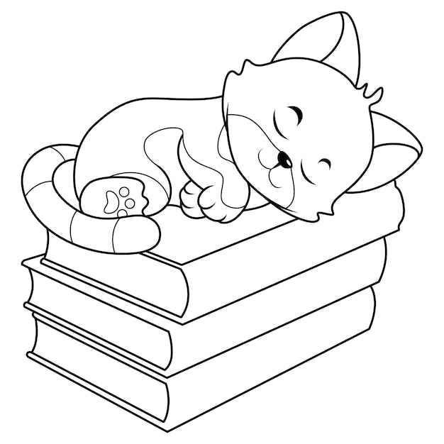Vettore simpatico cartone animato gatto che dorme su una pila di libri sulla linea arte
