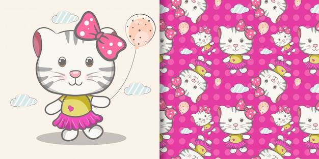 Cute cat cartoon with pattern set