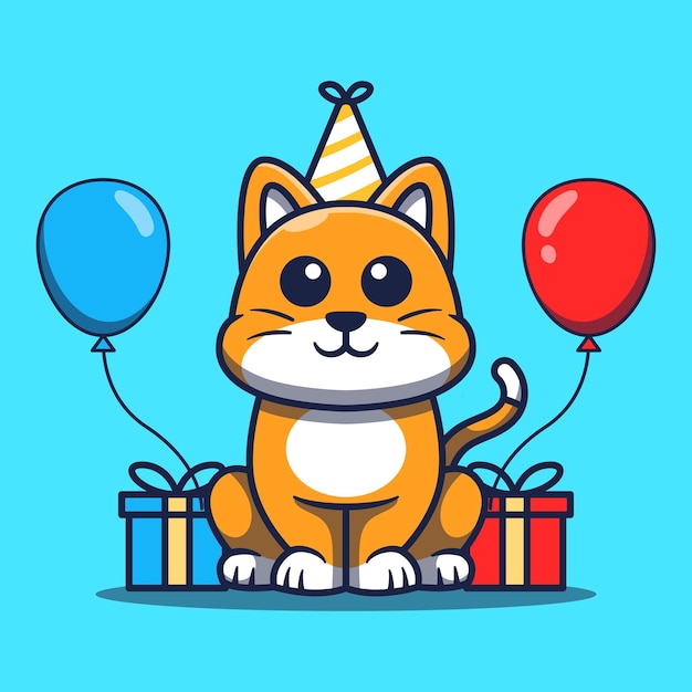 Vector cute cat celebrating birthday with hat gift and birthday balloons cartoon vector illustration