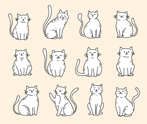 Cute cat character doodle pet outline isolated set flat graphic design illustration