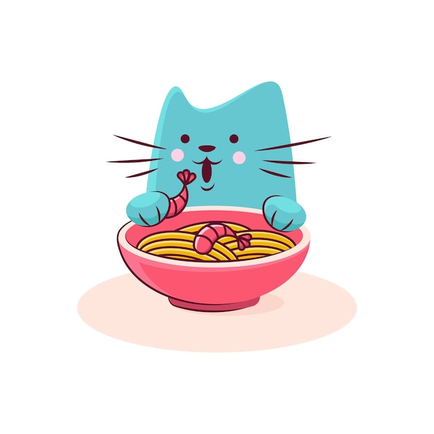 かわいい猫のキャラクターが海老入りのおいしいラーメンを食べる