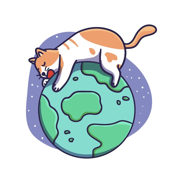 Cute Cat Character Sleeping op Earth Globe Illustration