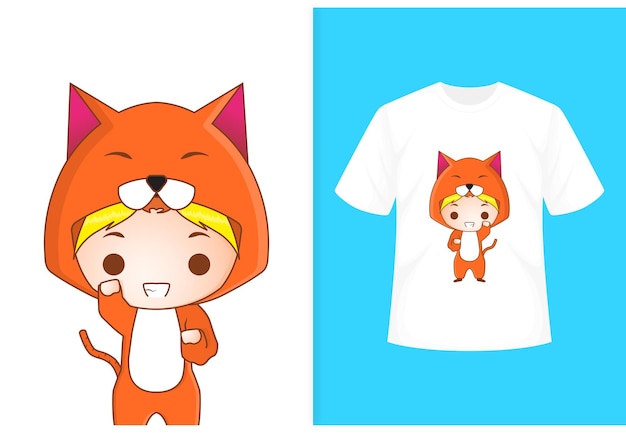 Tシャツテンプレートとかわいい猫のキャラクター