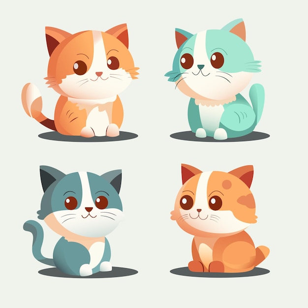 I simpatici personaggi del gatto impostano l'illustrazione vettoriale piatta