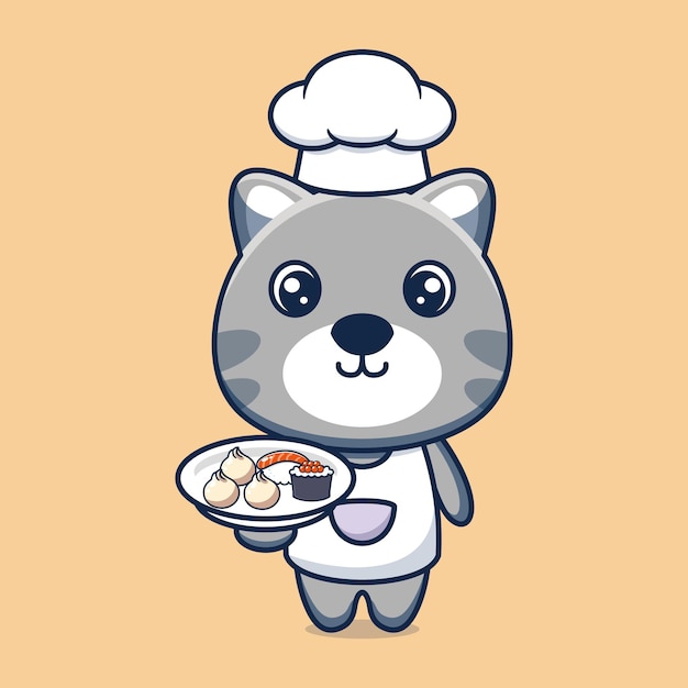 Cute cat chef cartoon character with bring japanese food