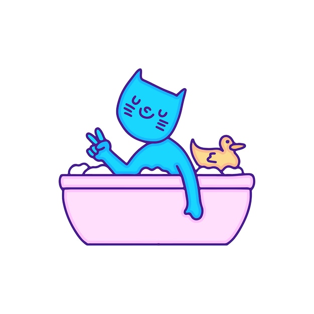 Cute cat chill out in bathtub illustration, with modern pop style and old style 90s cartoon.